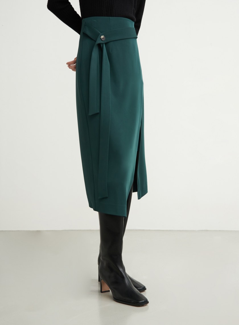 不對稱光澤感綁帶直筒裙